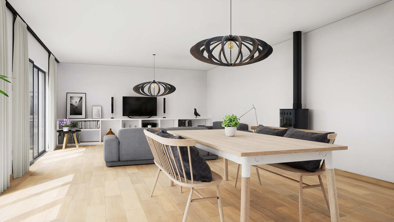 Bolle houten hanglamp boven eettafel. Duurzaam design.