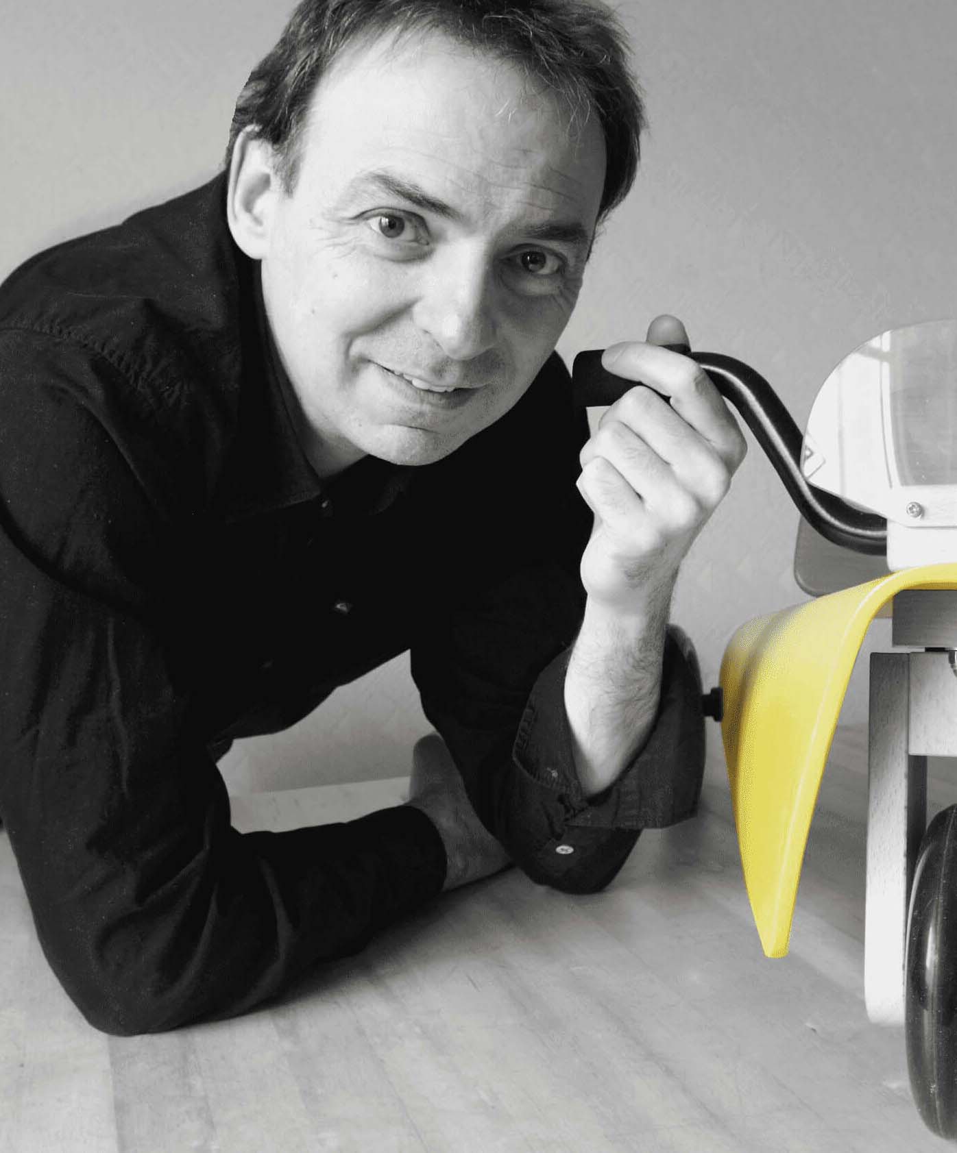 Portret van ontwerper van Chou du Volant loopfietsen. Design uit Europa